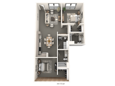 A floor plan of a small apartment with a kitchen, living room, and bathroom.
